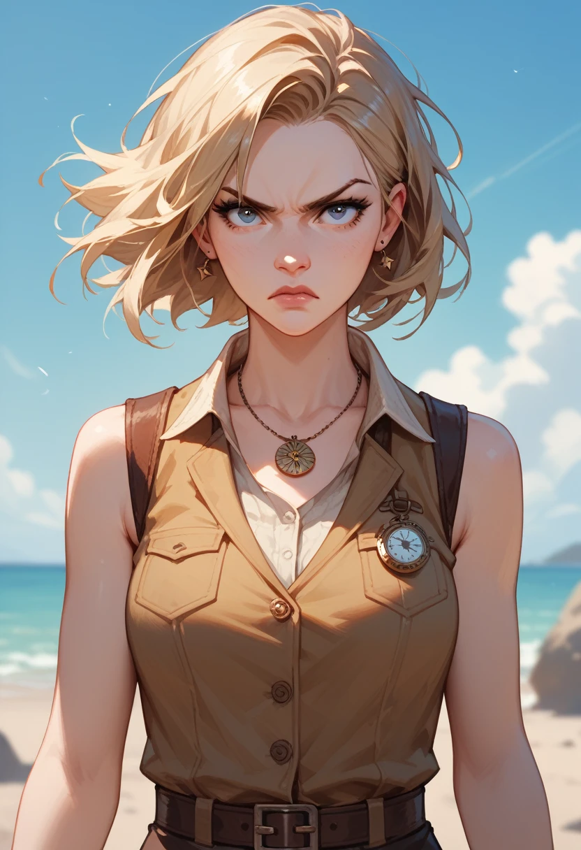 determined pathfinder with short sandy blonde hair and a compass hanging from his neck, wearing a sleeveless khaki vest over a casual shirt, waist-up, 