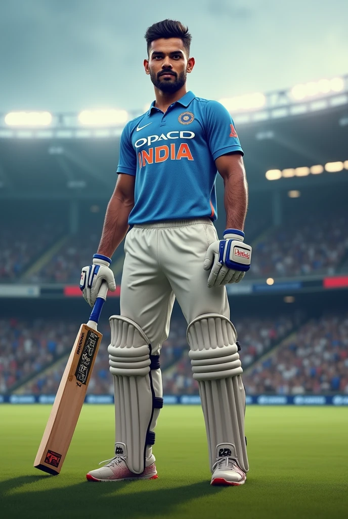 Generate an image of a virat kohli, athletic male cricket player. He should have a medium complexion with short black hair and a neatly trimmed beard. The player is wearing a plane skyblue jersey with no logo, holding a cricket bat, and standing on a cricket field with a stadium in the background. The scene should capture the intensity of a live match, with the player focused and ready to bat, under bright daylight, with a crowd of fans cheering in the background