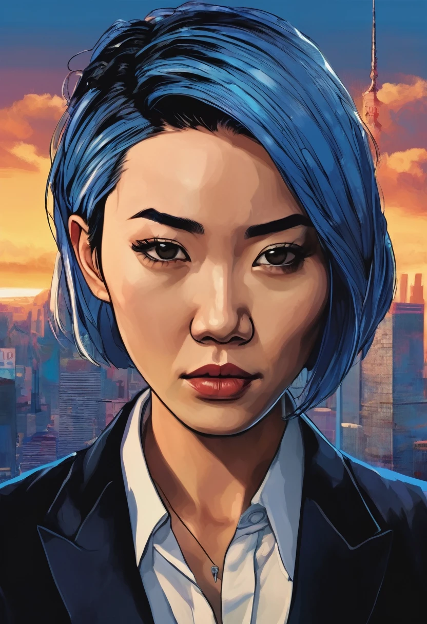 a asian woman with blue indigo very short hair, black eyes, she wears a black suit with blue cyber detail, spideremblem, ice on her sholder and hands, top of the roof sunset, she is angry