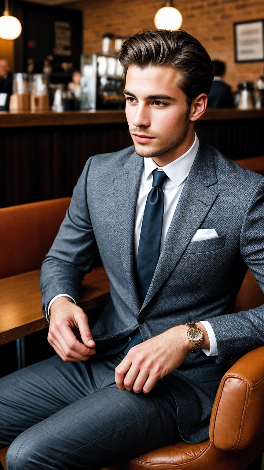 Photos of handsome guys ,Life photos， suit ，tie，Sitting in a coffee shop，Handsome poses ， watching the audience ，best quality, award winning, masterpiece, high details, textured skin, HD, 8k