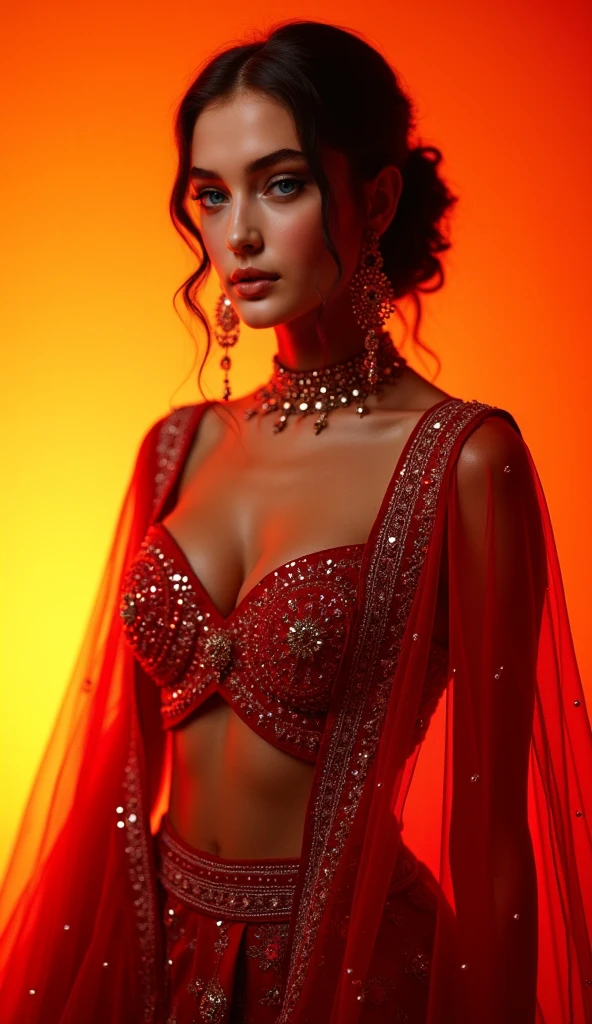 A sexy Indian girl radiates allure as she confidently dons the scarlet witch outfit, her cleavage prominently on display in this ultra-realistic, high-definition 8k rendering. The vibrant red hue of the fabric clings to her curves, showcasing her hourglass figure with striking detail and lifelike texture. Every contour is meticulously defined, from her shapely waist to the flared hips and ample bust, making you feel as if you're right there in the moment. The intricate patterns adorning her costume shimmer under the spotlight, invoking an air of otherworldly enchantment. Your gaze is captivated as she