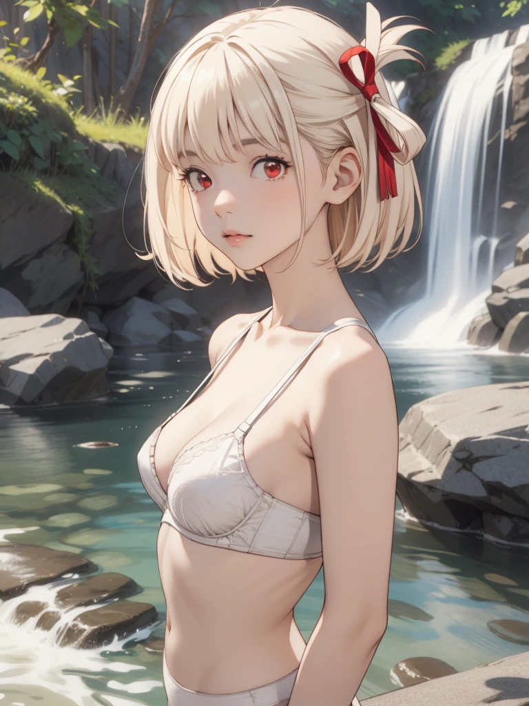 chisato nishikigi, short hair, bangs, blonde hair, (red eyes:1.5), hair ribbon, one side up, bob cut,
BREAK  ((Upper and lower underwear)),((White bra)), 
BREAK looking at viewer, 
BREAK outdoors,
BREAK (masterpiece:1.2), best quality, high resolution, unity 8k wallpaper, (illustration:0.8), (beautiful detailed eyes:1.6), extremely detailed face, perfect lighting, extremely detailed CG, (perfect hands, perfect anatomy), ((waterfall background)), Sun'rays, 