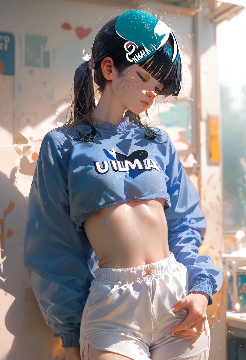 (a very beautiful woman, Street fashion, wearing hoodies, Wearing hot pants), (extra detailed face, Highly detailed black eyes, Contrasting eyes, extra detailed body), (A dark-haired, length hair, de pele branca, eye reflections, Exposed belly), (Colorful wall:1.2), (high-angle:1.2), hyper realisitic, digitial painting, ((8k wallpaper of extremely detailed CG unit, nffsw, ​masterpiece, hight resolution, top-quality, Anatomically accurate, high détails, Top quality real texture skins)),