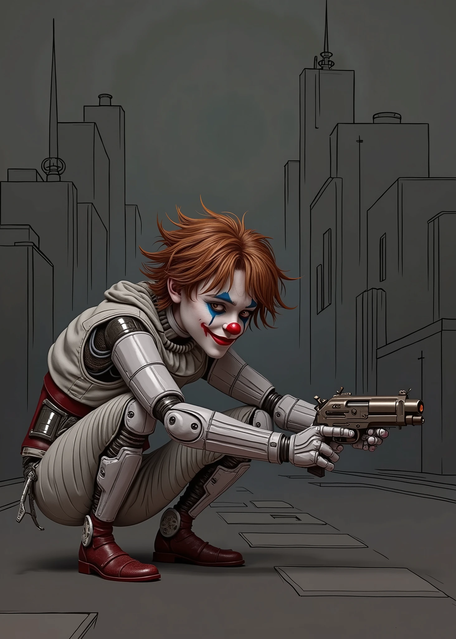 realistic portrait, aged 22, young male naughty clown, messy brown hair, crouching, robotic body, playing with a short gun, simple outlined sci-fi dark city in the background.