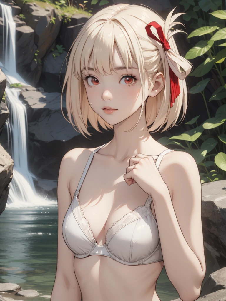 chisato nishikigi, short hair, bangs, blonde hair, (red eyes:1.5), hair ribbon, one side up, bob cut,
BREAK  ((Upper and lower underwear)),((White bra)), 
BREAK looking at viewer, 
BREAK outdoors,
BREAK (masterpiece:1.2), best quality, high resolution, unity 8k wallpaper, (illustration:0.8), (beautiful detailed eyes:1.6), extremely detailed face, perfect lighting, extremely detailed CG, (perfect hands, perfect anatomy), ((waterfall background)), Sun'rays, 