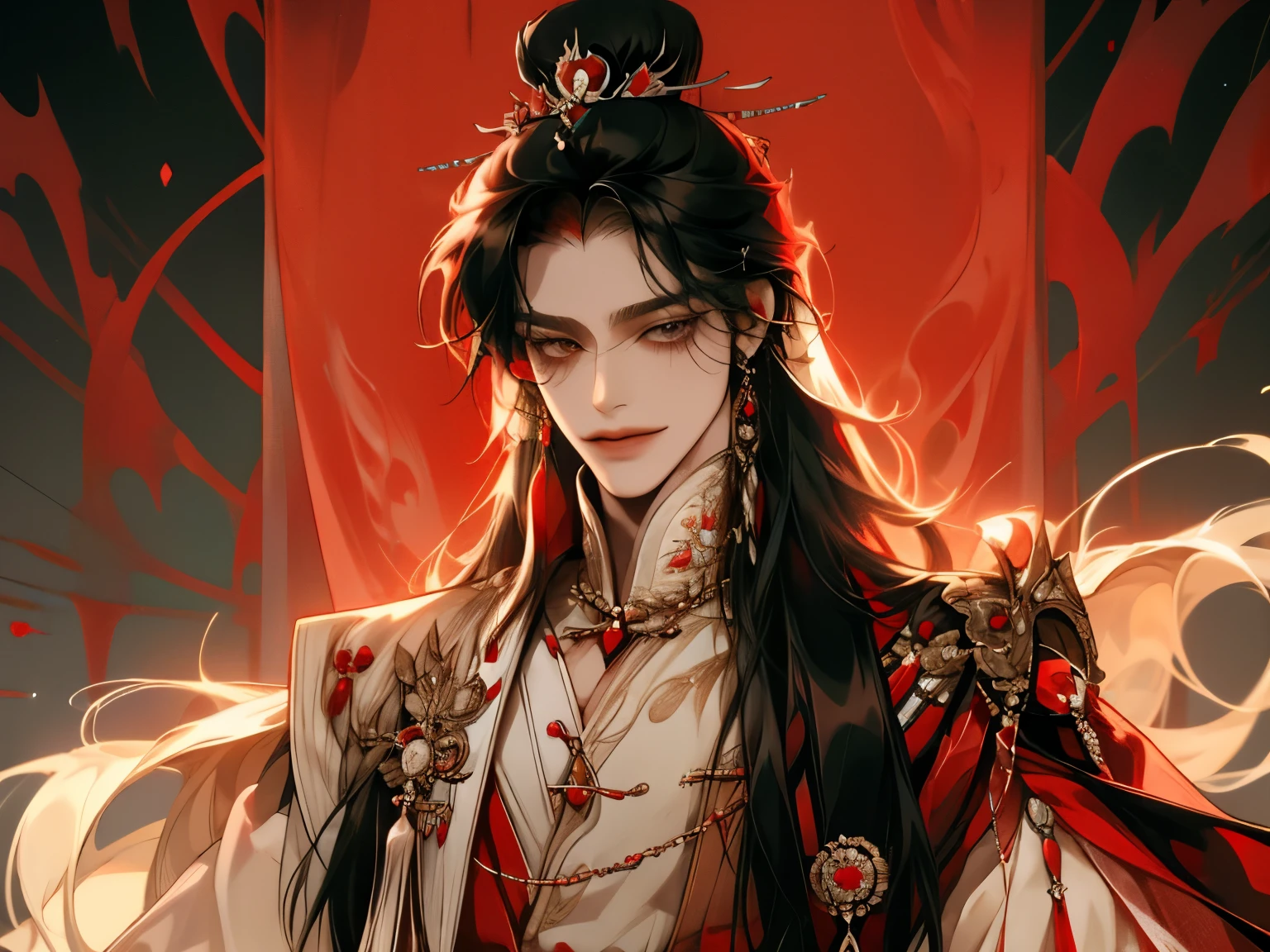 boy, Long hair,  long hair style, 긴 Black 머리,  sharp eyes,  white skin , A very close view, ((Black, Red emperor costume )),  pearl decoration ,  gorgeous, Smiling ,  natural pose