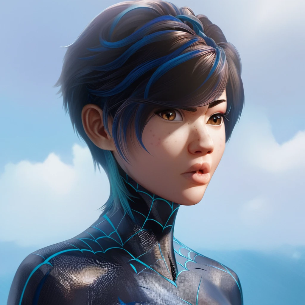 a asian woman with blue indigo very short hair, beautiful detailed eyes, beautiful detailed lips, extremely detailed eyes and face, long eyelashes, black eyes, she wears a black suit with blue cyber detail, spider emblem, ice on her shoulder and hands, top of the roof at sunset, angry expression, 8k, high quality, photorealistic, ultra-detailed, physically-based rendering, vibrant colors, chiaroscuro lighting