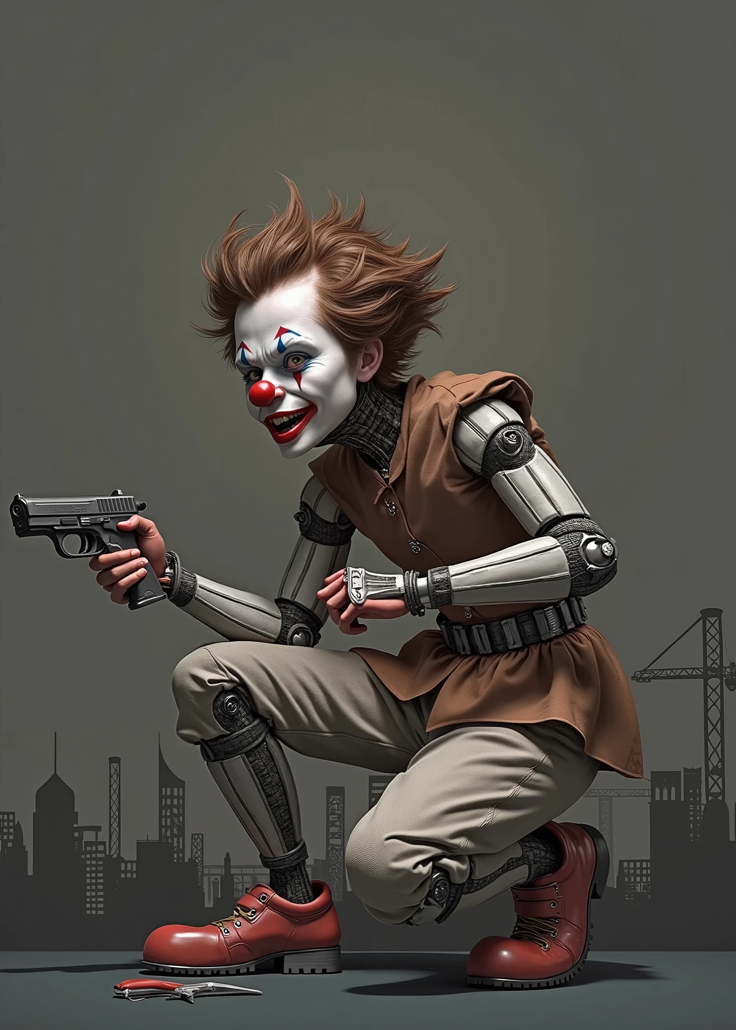 realistic portrait, aged 22, young male naughty clown, messy brown hair, crouching, robotic body, playing with a short gun, simple outlined sci-fi dark city in the background.