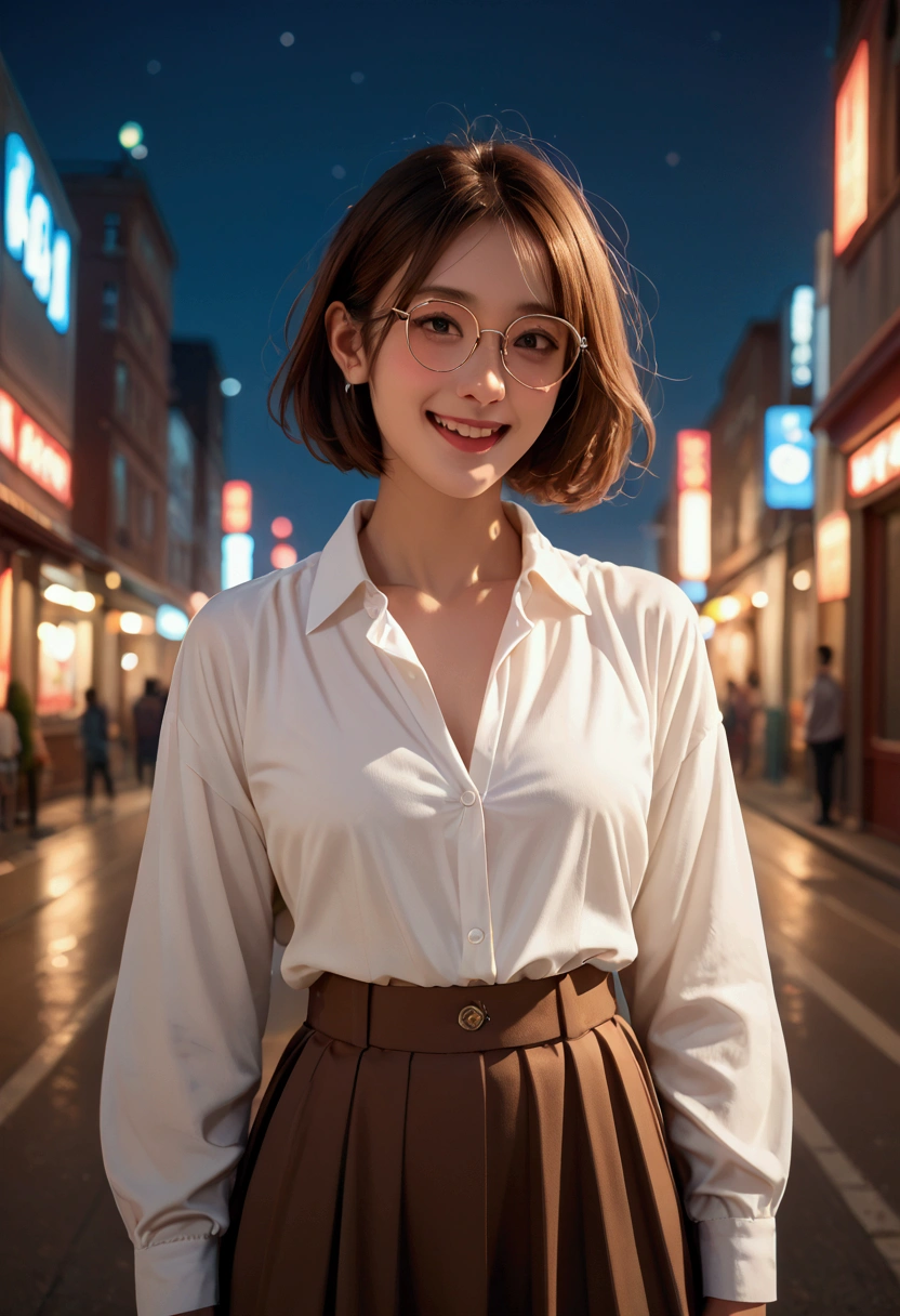 score 9, score 8_up, score 7_up, score real, beautiful face woman, Accurate limb expression,　Looking up at the sky 、((brown short pony tale hair,)), glasses,amazing hourglass figure, (dark color long jacket and long skirt),(white collared long sleeve shirt), ((untucked shirt:1.5)), perfect figure, city at night, ( laughing ) ,Arms behind back, front view, score_9, score_8_up, score_7_up, source real, real skin, BREAK,, score_9, score_8_up, score_7_up, score_9, score_8_up, score_7_up, face,score_9, score_8_up, score_7_up,source_real,real skin, BREAK