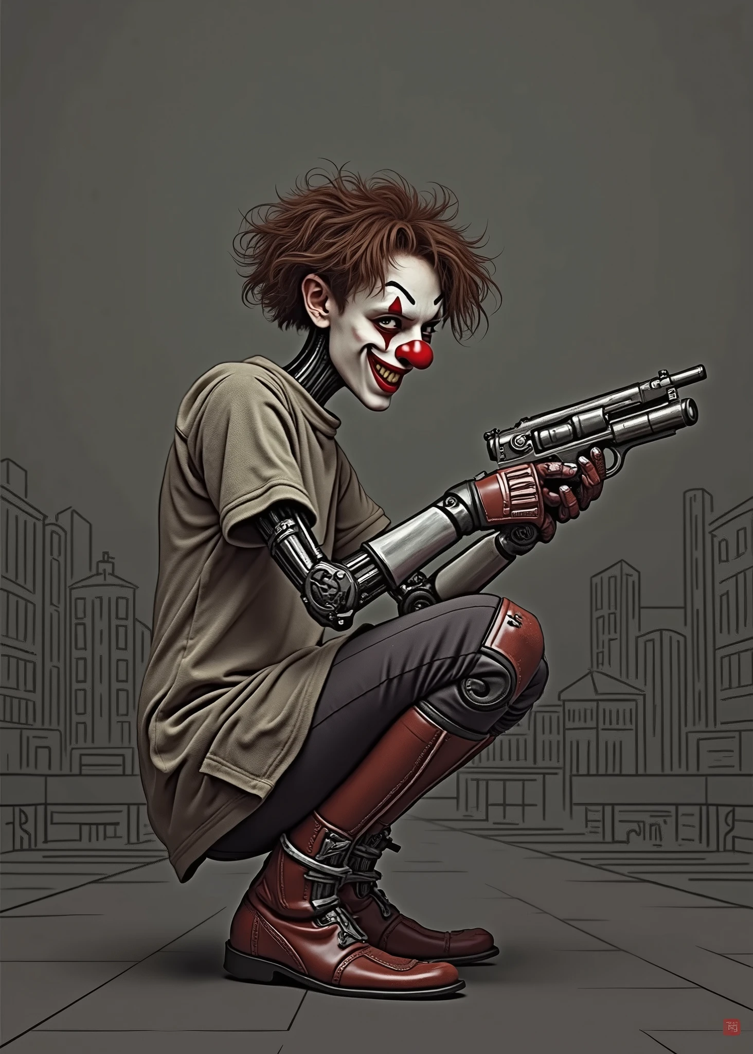 realistic portrait, aged 22, young male naughty clown, messy brown hair, crouching, robotic body, playing with a short gun, simple outlined sci-fi dark city in the background.