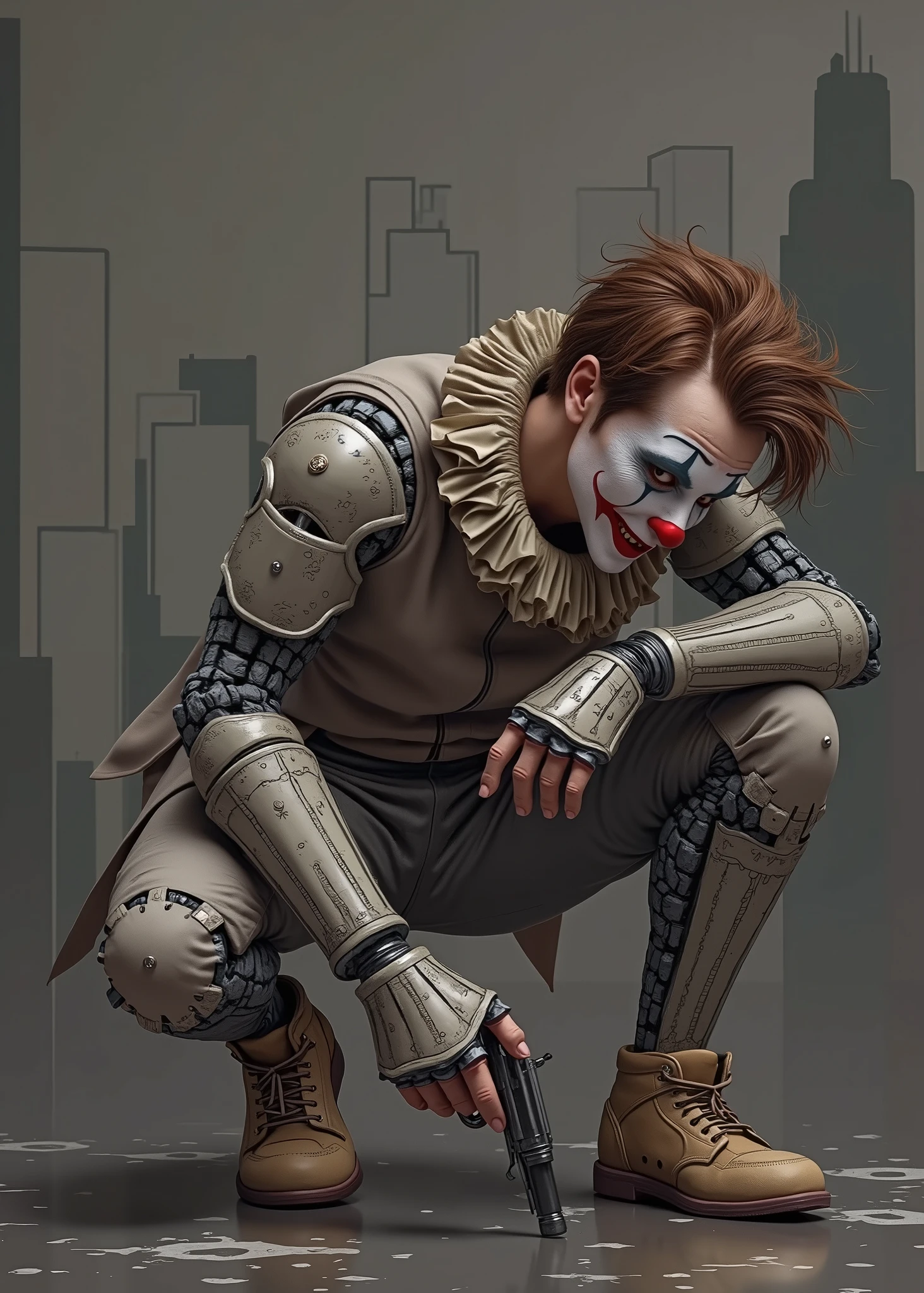 realistic portrait, aged 22, young male naughty clown, messy brown hair, crouching, robotic body, playing with a short gun, simple outlined sci-fi dark city in the background.