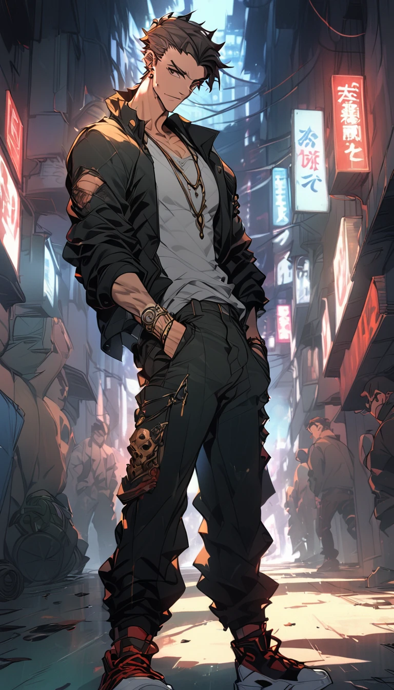 a man, age 20, shirtless and barefoot, wearing ripped baggy pants, walking on a busy cybercity street, under the rain, (good proportions), sharp and crisp image, clean lines, highly detailed, cyberpunk colors, neon lighting, night scene