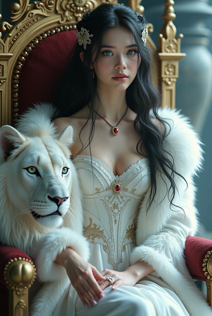 In the dark castle throne room on the huge royal throne in seductive pose siting beatiful demon queen, She have beautiful face with pink eyes rakr eye shadows and dark lipstick sexy make up, golden ring shape earrings on her ponty ears. she have long gorgeous bloody red hair.. dressed in majestic sexy black royal robe with golden metal parts, also she have tattoo all over her body her hands have lonf beautiful nails, (ultra high quality fantasy art, ghothic dark fantasy style, masterpiece, ultra high quality character design, 8k quality anime art, realistic anime art, top quality wallpaper illustration, detailed ultra high quality accurate face, high quality design and accurate physic)