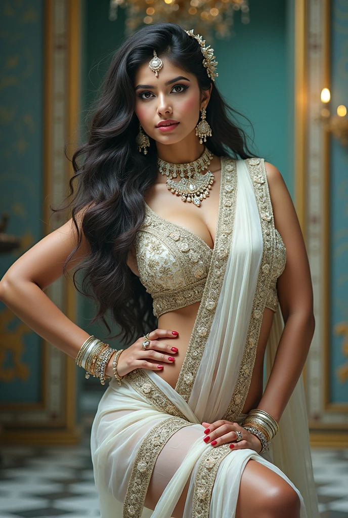 Portrait of A confident-looking indian royal queen with long flowing hair, hazel eyes, laughing, designer jewellery, cleopatra fabric traditional saree from top to bottom, full body covered, standing on rock, hill mahal background, twilight time, camp fire framing, bokeh, perfect composition, hyperrealistic, super detailed, 8k, high quality, trending art, trending on artstation, sharp focus, photo shoot, intricate details, highly detailed, art by greg rutkowski