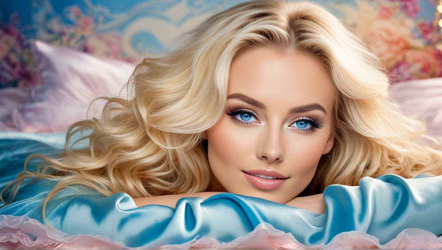 A cinematic-style image of a woman reclining on the bed, with a softly blurred background creating a bokeh effect. She has voluminous blonde hair, bright blue eyes, and a seductive smile. Wearing glamorous, exotic lingerie.