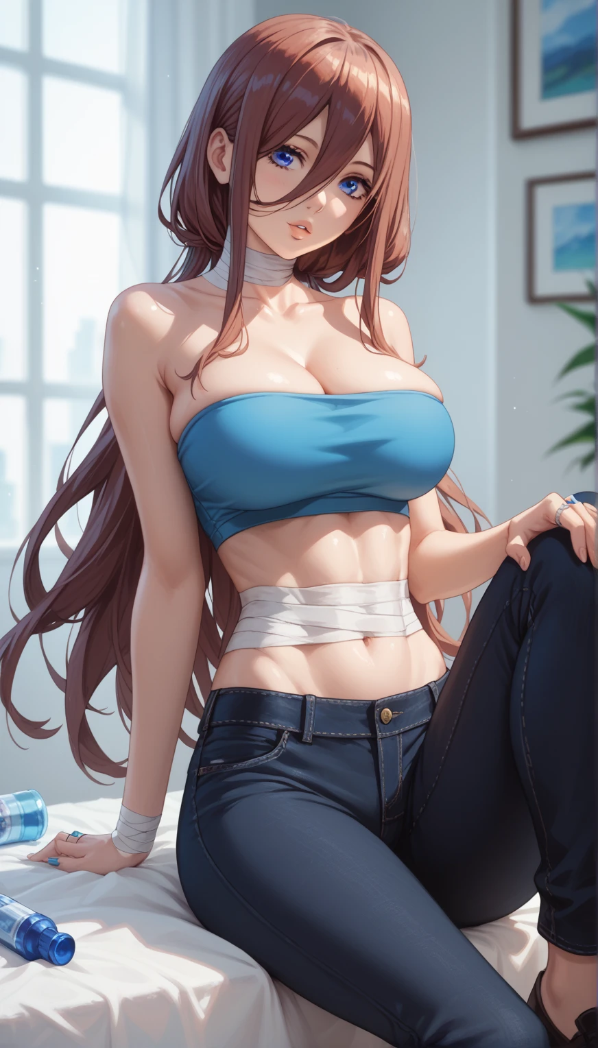 Tall girl, Fit girl,score_9, score_8_up, score_7_up, score_6_up, uncensored, 1girl, miku nakano, long hair, bangs, blue eyes, brown hair, hair between eyes, huge breast, 1girl, breasts, solo, sitting, pants, large_breasts, cleavage, bare_shoulders, jewelry, bandages, midriff, tube_top, ring, black_pants, strapless, parted_lips, crop_top, collarbone, bandaged_neck 