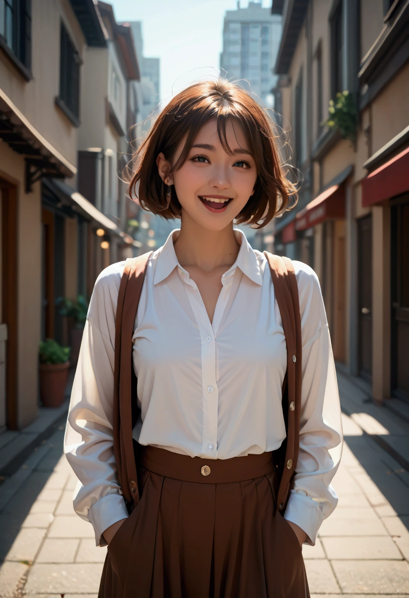 score 9, score 8_up, score 7_up, score real, beautiful face woman, Accurate limb expression,　(Looking up at the sky) 、((brown short pony tale hair)), amazing hourglass figure, (dark color long jacket and long skirt),(white collared long sleeve shirt), ((untucked shirt:1.5)), perfect figure, city at morning, ( laughing ) ,With open arms , front view, score_9, score_8_up, score_7_up, source real, real skin, BREAK,, score_9, score_8_up, score_7_up, score_9, score_8_up, score_7_up, face,score_9, score_8_up, score_7_up,source_real,real skin, BREAK