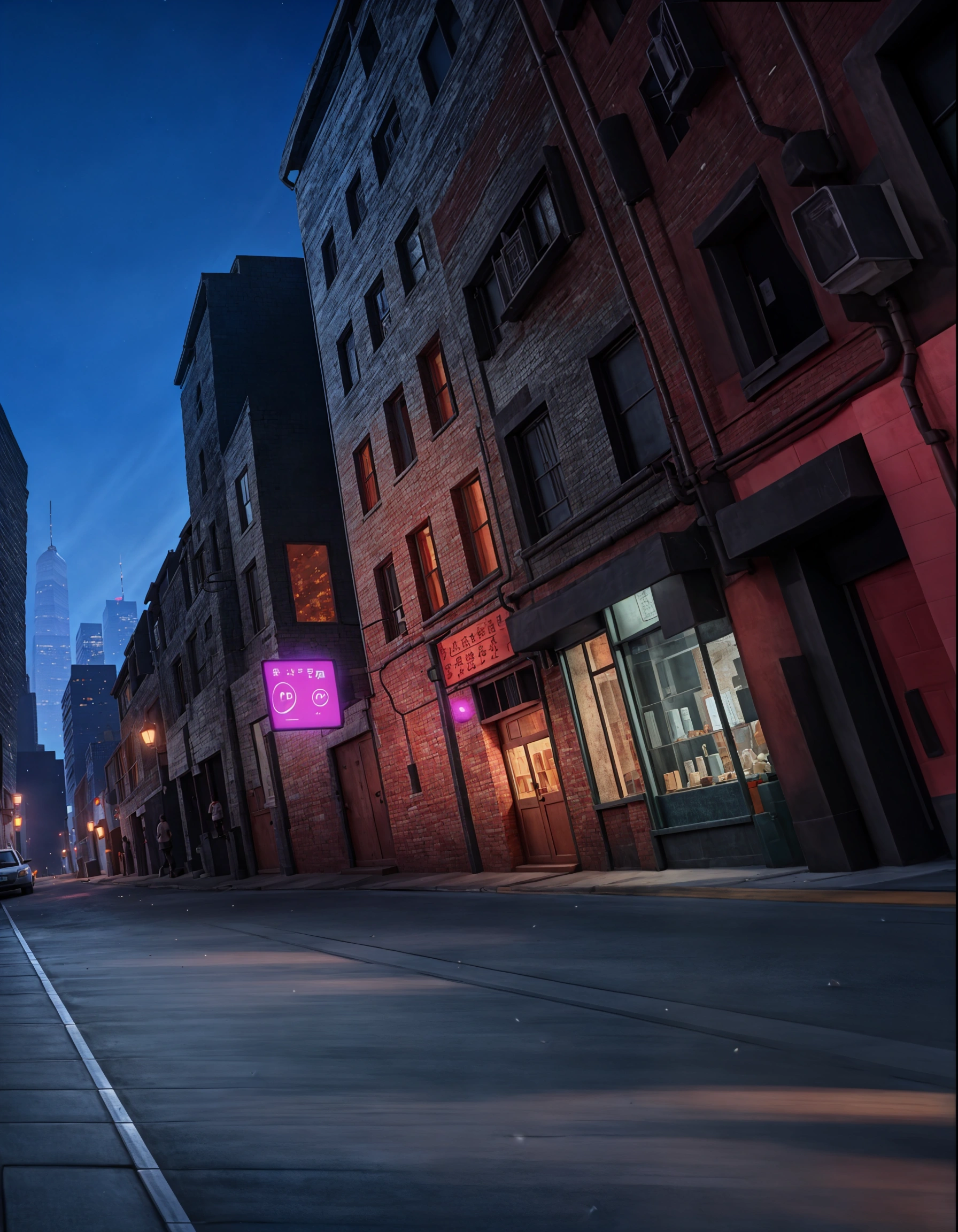 Looking up， cartoon style ， Street view at night with no one， camera looking up close to the ground，City street view at night， There is a low building on the side of the street ， old wall with red bricks and tiles，Glass Windows， The façade has a survival staircase， The first floor of the building is a street-facing shop ， The shop has a blue light ，The glass window is reflective ，Place a sign on the outside of the store ， The skyline in the distance is a sketch of the city's skyline ， floor along the street， Realistic floor texture ，UE5 Rendering,Lumen lighting rendering ,3D Rendering