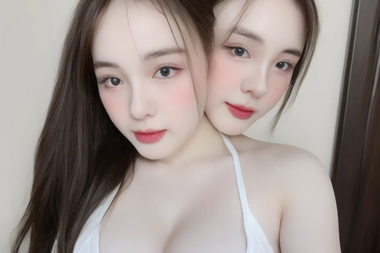 (realistic、masterpiece、Best Quality、8K、highres、high resolution:1.3)、2 girls、 Gigantic breasts, closed mouth,voluptuous body,huge cleavage, white bikini、pale white skin、looking at viewers、super fine face and eyes、long hair、indoor、 upper body、white background,