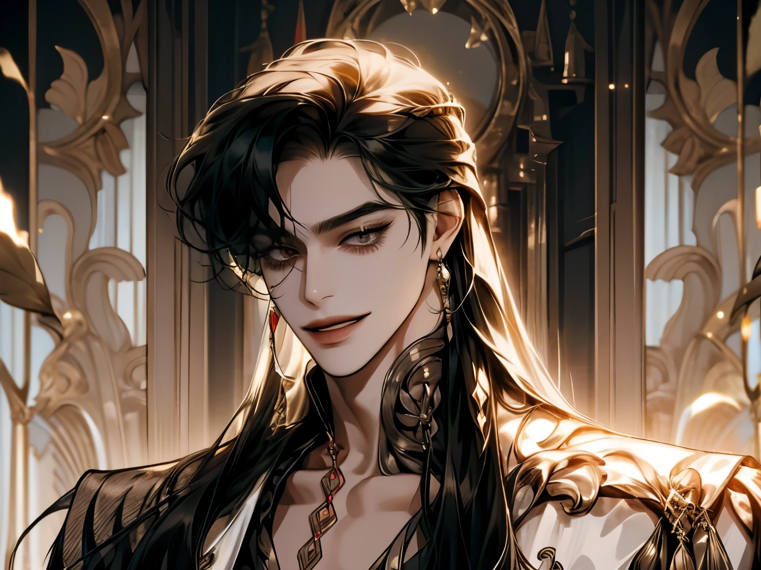 boy, Long hair, long hair style, long black hair , sharp features, white skin , A very close view, ((gold costume)), Smiling , natural pose