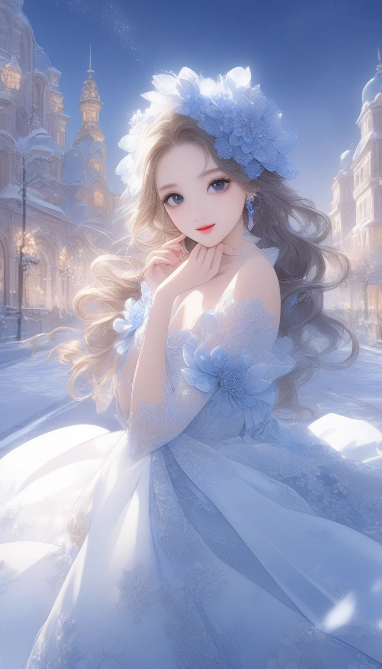 ( best quality:1.2,  Very detailed, Anime Style,  Detailed CG Illustrations ,   ultra high resolution,  high contrast , masterpiece:1.2,  best aesthetics), ( 1 girl), ((セクシーな赤い花柄の着物を着た Beautiful Women、 silk fabric that fits the body perfectly 、 off-shoulder ))、 Carefully drawn face and eyes ,  Beautiful Women,   beautiful eyes ,  Beautiful Long Lashes ,  glossy lips, Rouge, Smiles abound、 Graceful Posture、Scenery during shopping 、Warm Light、Soft Shadows、Cinematic composition、 chiaroscuro。winter、The background is a snowy city 、