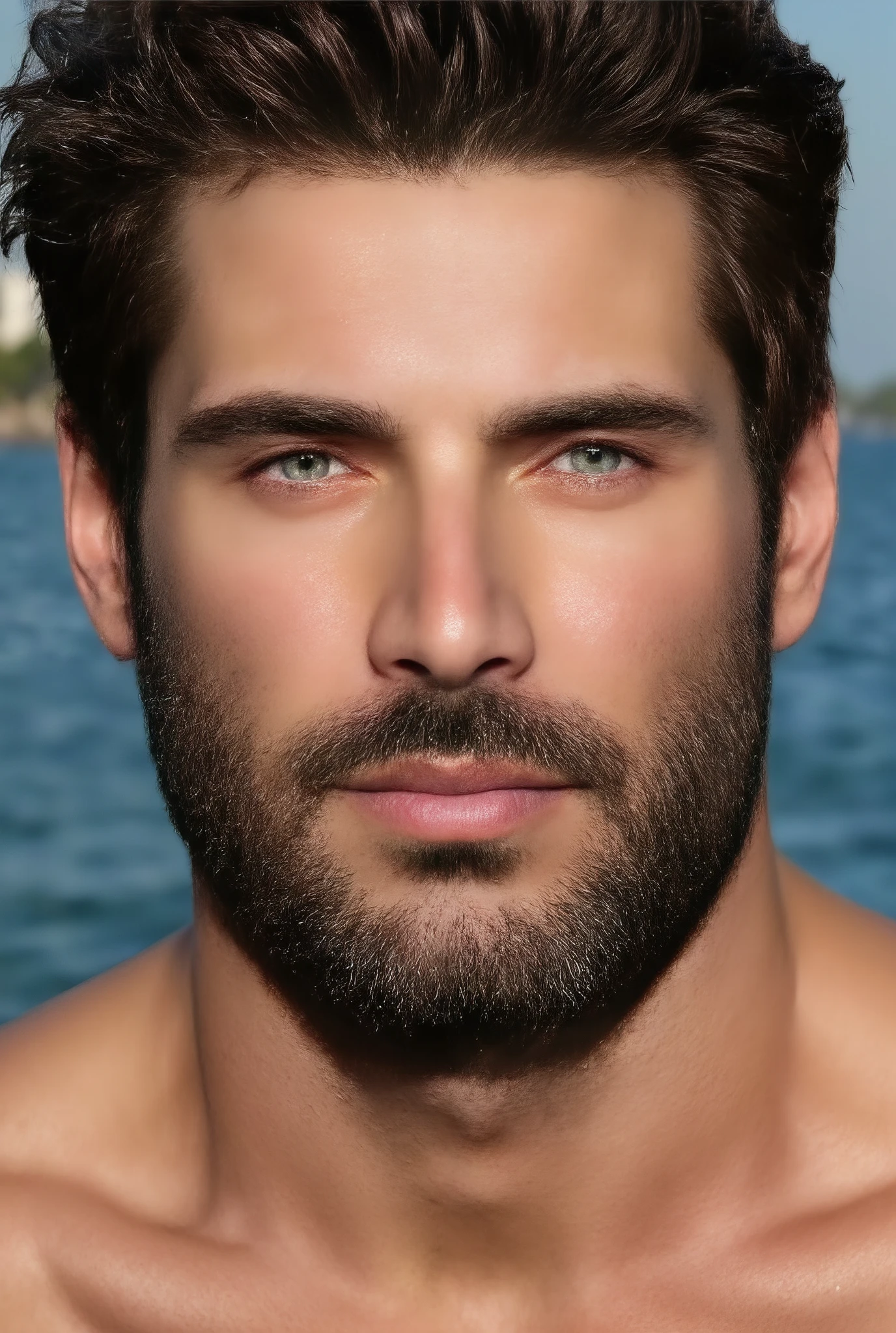 
A very realistic portrait of a handsome man, ((( identically face shaped original ))), with a 33-year-old man, very masculine face with well-defined and similar characteristics, real details. Dark hair is messy hair and shiny. A full and well-trimmed beard, evenly covering the jaw and chin, with wide and straight edges near the cheekbones that enhance the structured facial contours. The face is full and virile and right angles and natural shadows that give amplitude to the face. A straight and proportional Greek and Roman style nose with a well-balanced width. Thick, long and straight eyebrows realistically perfect alpha male masculine, dark brown color, the face conveys a lot of desire and the sensual and seductive expression and was richly produced. Light eyes in green and expressive with light tightening suggesting a smile in the eyes with wrinkles and lines of happy expression in the external corners combining with the smile style of pulled mouth. Cute male eyes. The lower eyelids are subtly elongated with trimming and descending curvilinear shape. Well-defined realistic lips with masculine thickness, the upper lip forms a cupid arch in heart with 2 defined tips and the lower lip hydrated with shine. The harmonic chin that connects the long sides of the face. Textured white skin highlighting skin pores in a realistic and uniform way, with a natural sun glow on damp skin, emphasizing fine details such as pores of skin texture lines. Little dimples.  The chest-hair torso is naked, showing an athletic but not defined but very strong physique and with very realistic hair with big muscles and perfect texture, wearing  swimming shorts and made of fine cotton in a sweatshirt. The handsome man is casually standing in a shower on the beach, with anatomically perfect and anatomically correct feet and calves, Best quality, High details, Quality, Super details , (very realistic photo photo:1.3), NIKON, natural light, 8k, the definition is very high, XF IQ4, 150MP, 50mm 