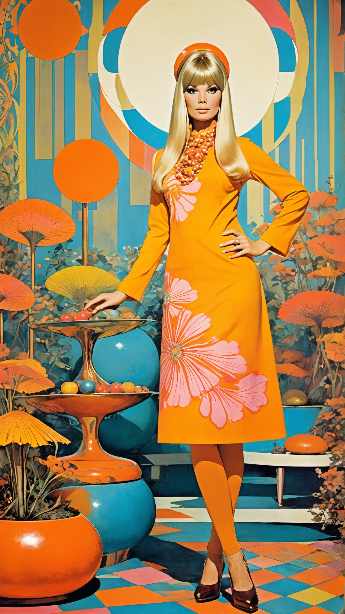 Elf female, feminine look, sexy hair, green outfit, leaves around body, swirling air movement, wide angle, full body view, loose fabric, geometric shapes, small breasts, sherbet pattern kimono, persimmon, up-do hair, Bauhaus, geometric shapes