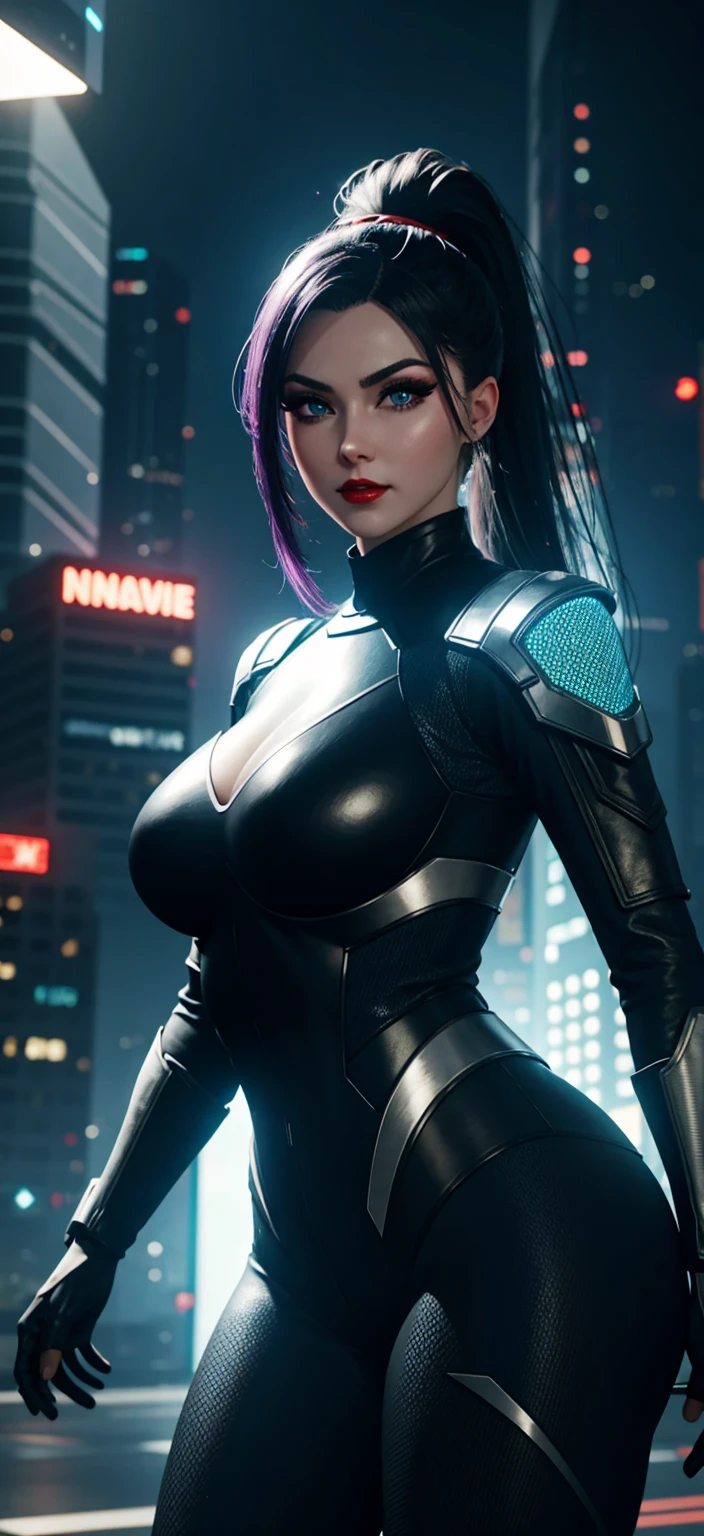 Highest quality、masterpiece、8K、Realistic、超High resolution、Very delicate and beautiful、High resolution、Cinema Lighting、Face close-up、Perfect female body、(Big Breasts:1.6)、Opposition、Looking at the audience、((Cyberpunk woman、Neon Light:1.3、Leather clothing、futuristic decoration、Undercut Hair、Luminous tattoo:1.6、Cyberware))、Holographic Accessories:1.4、Metallic Makeup、boots、City Skyline、Glow in the Dark、High-tech gadgets、Cyberspace、Vivid Color、headset、Cybernetic prosthetic limbs、Streetwear、Dark and mysterious atmosphere、Electronic bulletin board、Artificial Intelligence、City of the Future、Rebellious attitude