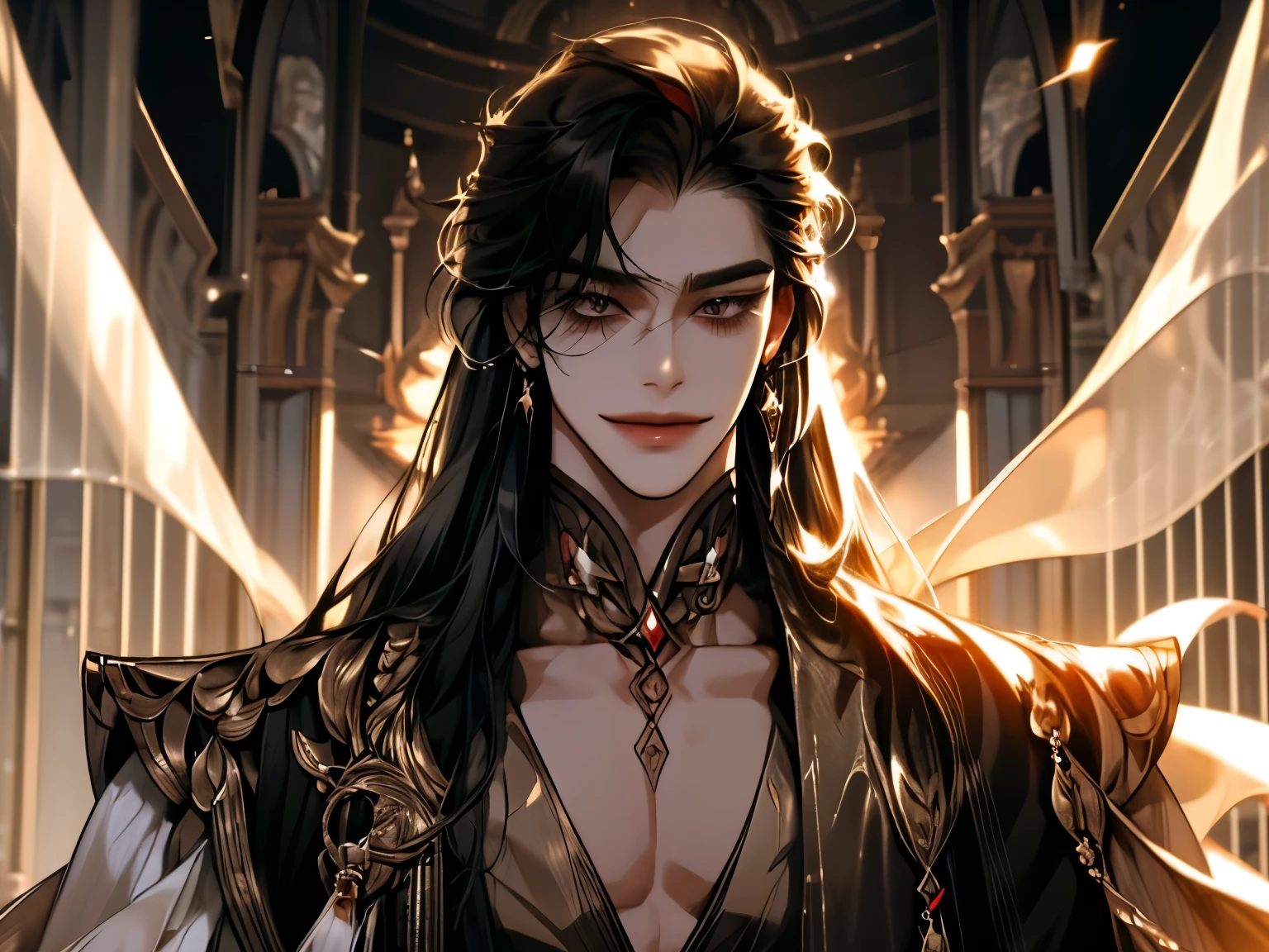 boy, Long hair, long hair style, long black hair , sharp eyes, white skin , A very close view, ((gold costume)), Smiling , natural pose