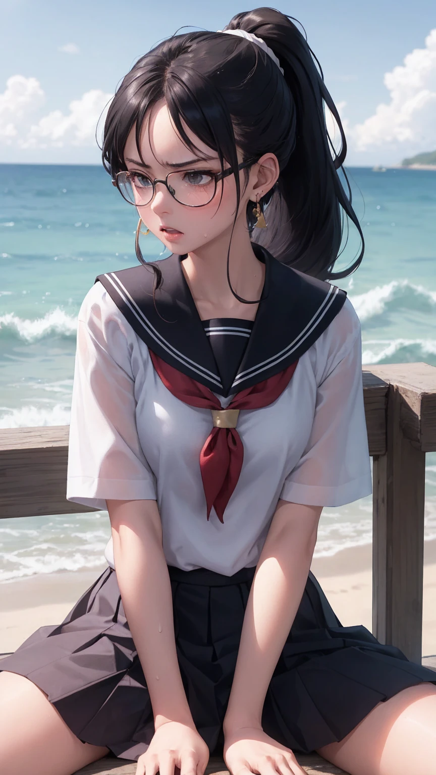 Masterpiece, top quality, earrings, , sailor uniform, black hair, small breasts, girl, upper body, hot, sweating, sitting, ponytail, looking at camera, sea, facing forward, spreading legs, angry, showing crotch, wearing glasses