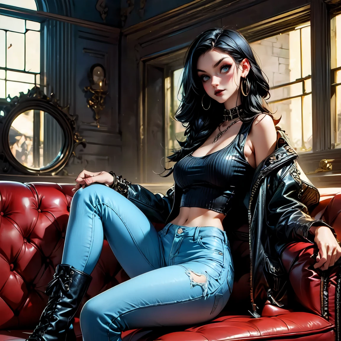 (masterpiece), ((anime style)), ((anime girl)), 1giel, expressive eyes, beautiful makeup, black lipstick, emerald eyes, smiling, ((long black hair)), braids, red cheeks, friendly, tall, ((slender body)), toned physique, large breasts, black tank top, leather jacket, long jeans, long boots, chains, spikes, bracelet, sitting, on a red sofa, destroyed surroundings, ruined buildings, looking at viewer, 