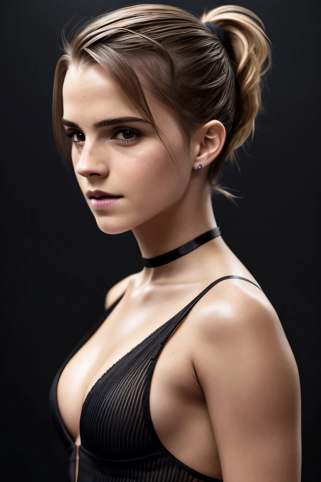 Gorgeous european woman with very short hair, short ponytail with fringe, wet hair, hair slicked back, combed straight back, slick hair, streaked blonde hair, seductive pose, Emma Watson in a revealing, cleavage, solid dark grey background