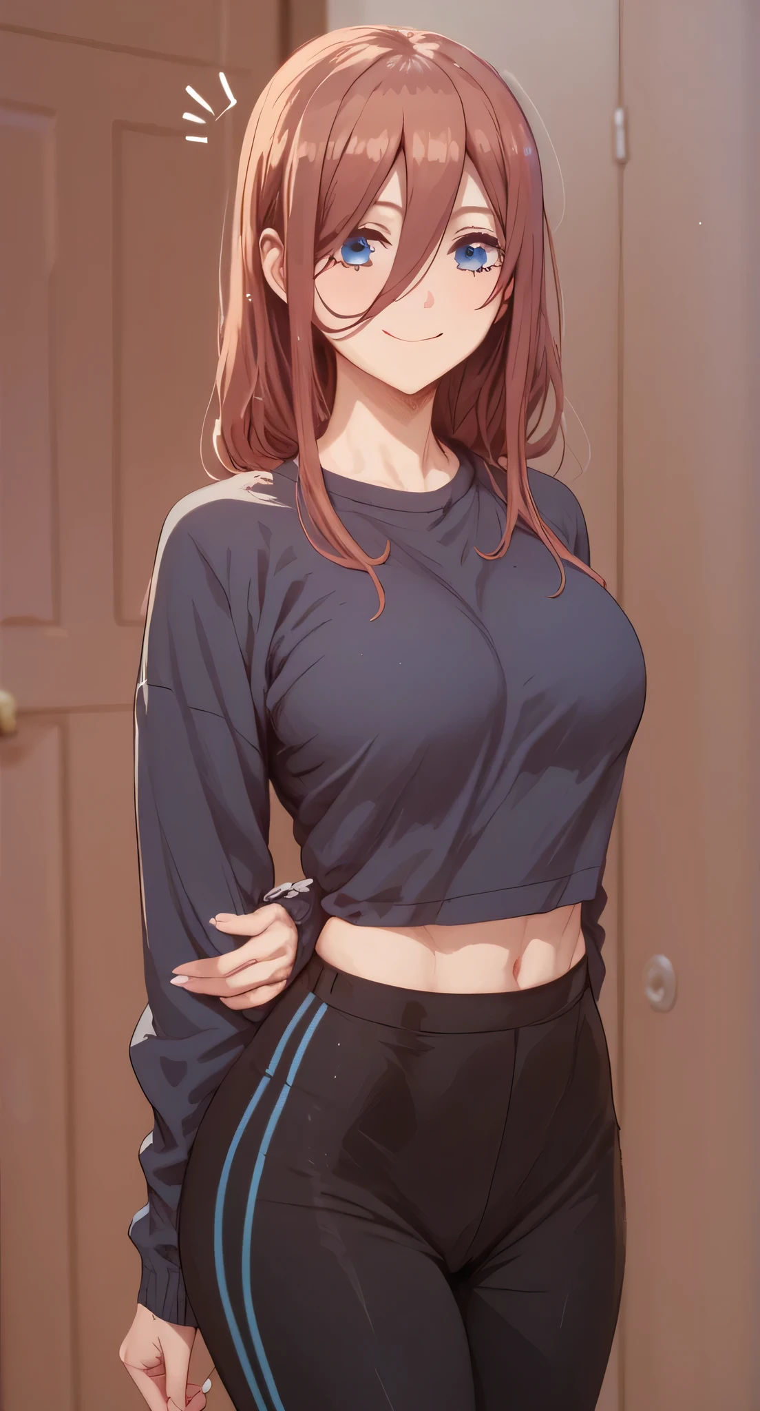 Tall girl, Fit girl,score_9, score_8_up, score_7_up, score_6_up, uncensored, 1girl, miku nakano, long hair, bangs, blue eyes, brown hair, hair between eyes, huge breast, smile,