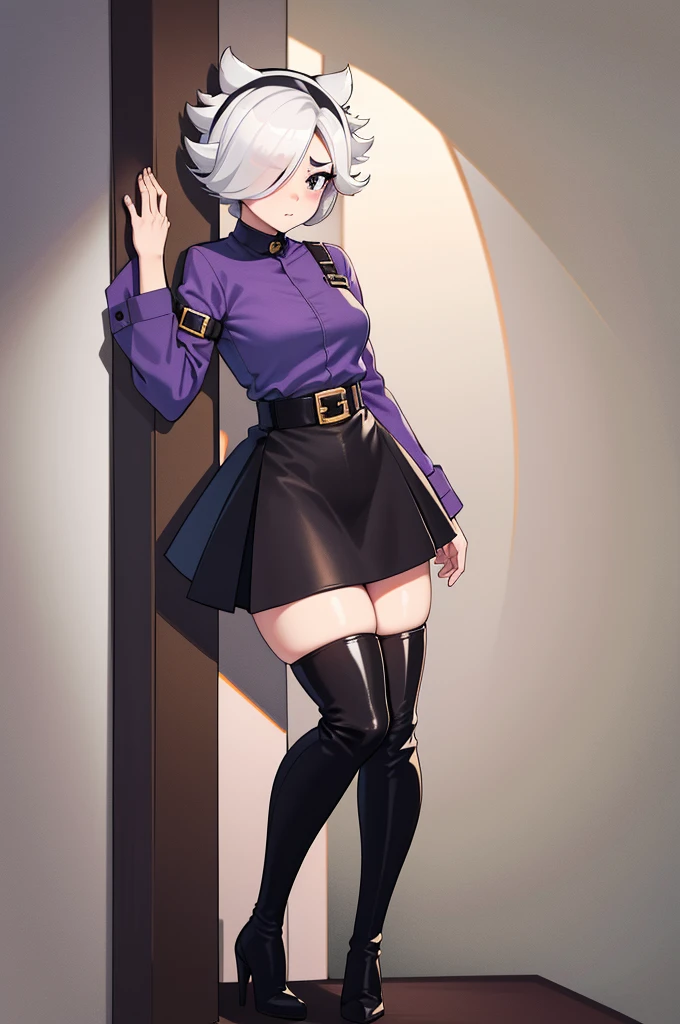 score_9, score_8_up, score_7_up, score_6_up, score_5_up, score_4_up, source_anime , colettetrixie, skinny girl, woman, fair skin, red eyes, smile, hair over one eye, hairband, hairpins, purple shirt, purple shorts, thighhigh boots, black boots, heels, thin legs, low ass, room, lamp, 
((ultra quality)), 4K, ((analysis of small details)), (( 4K)) ,, ((total correction of details)) 