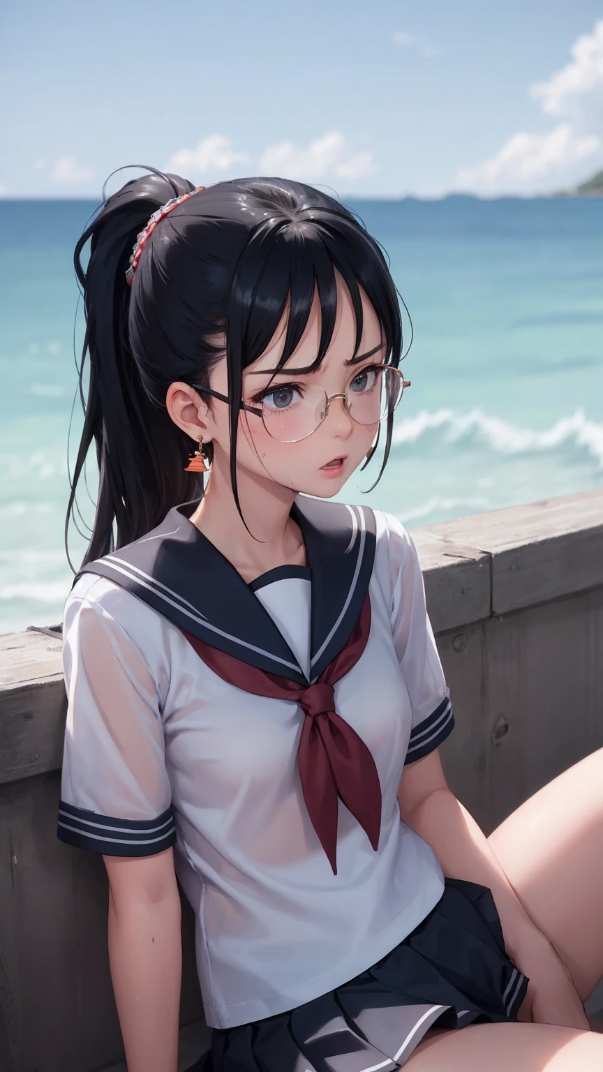 Masterpiece, top quality, earrings, , sailor uniform, black hair, small breasts, girl, upper body, hot, sweating, sitting, ponytail, looking at camera, sea, facing forward, spreading legs, angry, wearing glasses