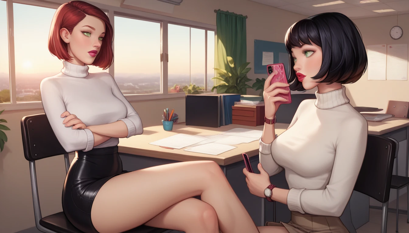 (medium full shot) of  (supermodel school teacher) young woman, french, bright green eyes, light skin, petite, straight bob cut hair, wearing a off-white white turtleneck sweater, wool skirt, stylish pumps,  tasteful wristwatch, soft lipstick, arms crossed, set in  Principal's Office at school, Professional space with a large desk, leather chair, filing cabinets lining the walls, diplomas and awards displayed, a phone on the desk, a nameplate on the door, at sunset, Masterpiece, best quality, photorealistic, amazing quality, very aesthetic, extremely detailed face, legs on desk