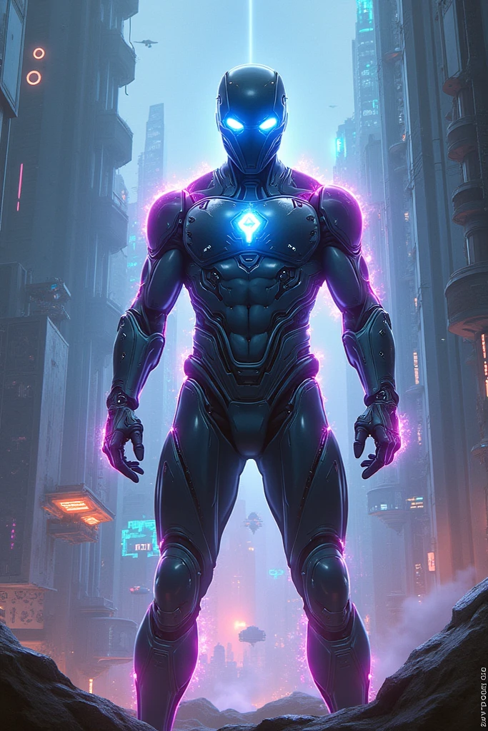 Male robot. A metallic helmet with neon lights. Wearing a metal helmet. Night in the city neon lights, Male robot in shiny purple cat suit sitting on the floor, latex shiny, wearing atsuko kudo latex outfit, Male robot wearing tight suit, smooth purple skin, Purple body, shiny metallic glossy skin, shiny plastic, futuristic glossy latex suit, shiny plastic armor, shiny glossy skin, tight full body suit, Wearing latex, shiny and metallic, Glowing purple, Glossy　open one's legs　M-shaped legs　angry expressions　sullenness. Male robot. Metallic Face. Cables and wires.