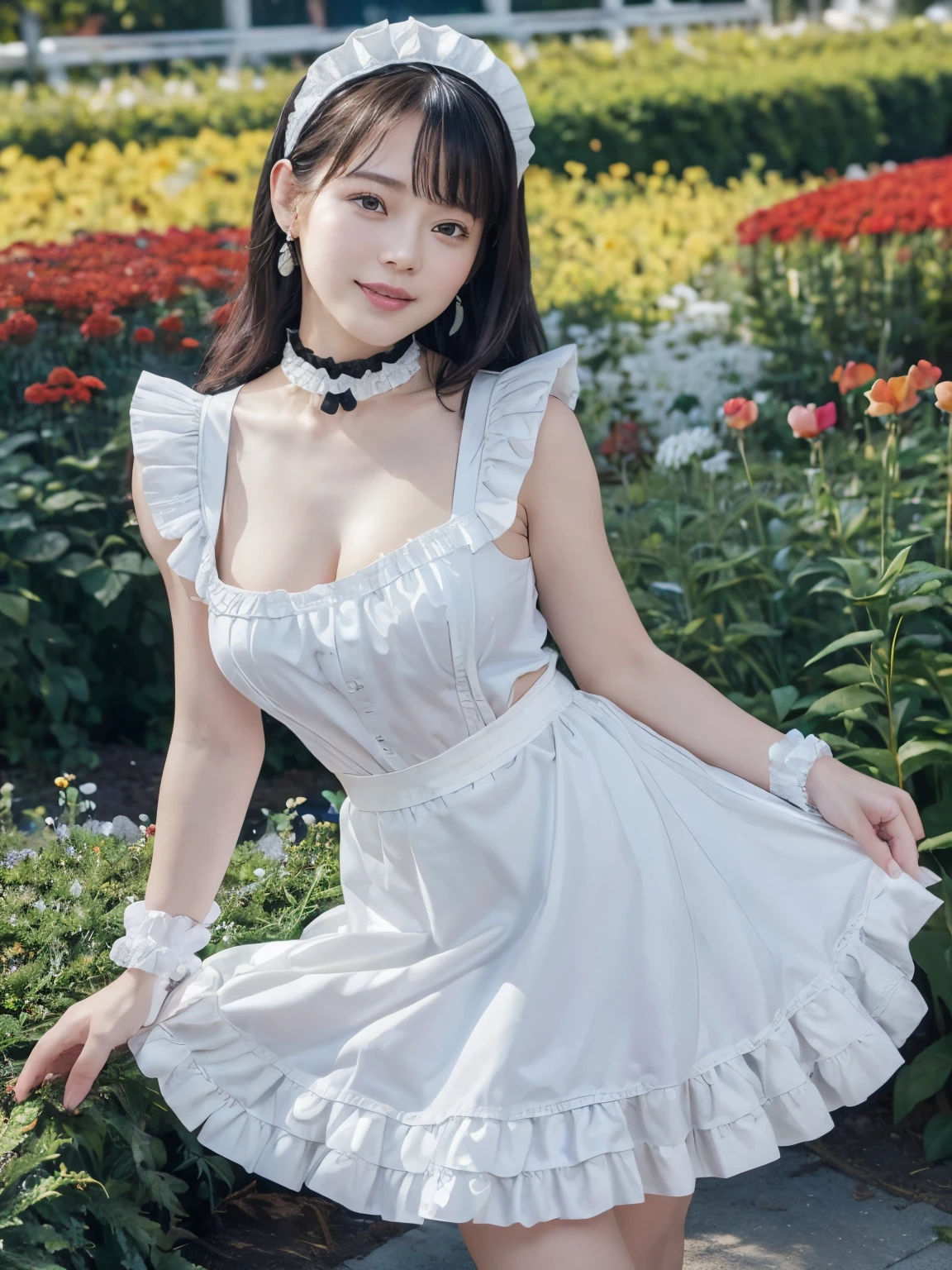 masterpiece, best quality, soft light, ultra high resolution, (photorealistic:1.4), Raw photo, 1 woman, ((beautiful woman)), cute type, ((Cute ocean maid outfit, white maid headdress, black shirt, black skirt, white frill apron, black ruffled choker, earrings, high heels)), (huge big breasts :1.2), (High resolution details of human skin texture), smile, (People photography), (perky butt), Fall season atmosphere, ((Being in the flower garden)),