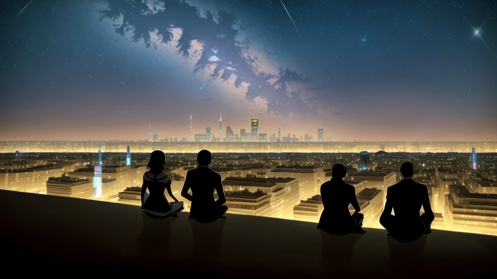 Man and woman sitting in a high place looking at the stars with a view of the city