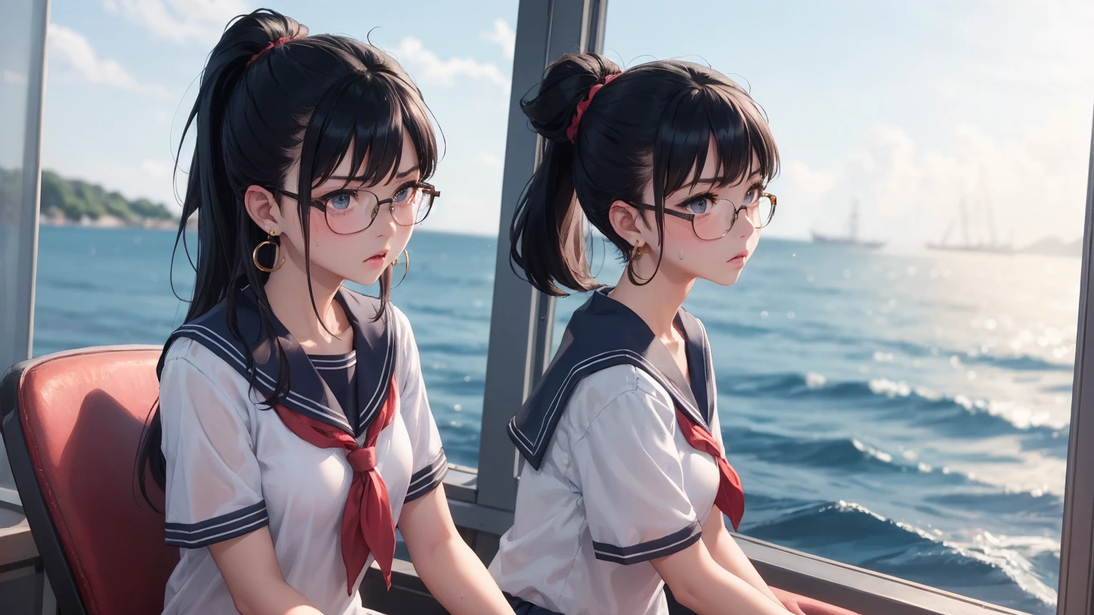 Masterpiece, top quality, earrings, , sailor uniform, black hair, small breasts, girl, upper body, hot, sweating, sitting, ponytail, looking at camera, sea, facing forward, angry, wearing glasses