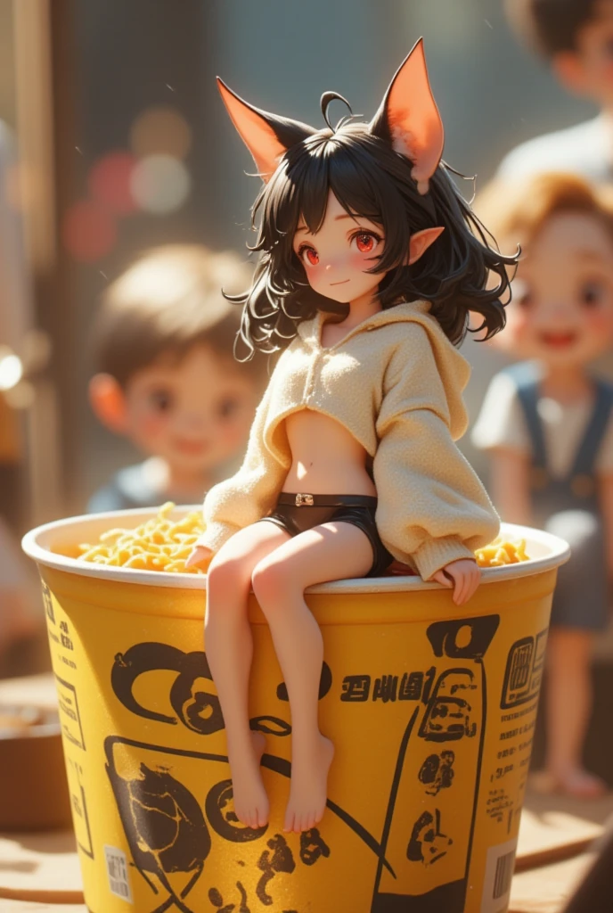 Super realistic illustration, Cinema 4D rendering. A cup noodle container with the product name printed on the side with the cover tightly closed. A small miniature elf figure sitting on the edge of the cover, full body, PVC texture. black hair, red eyes, Pointy Ears, oversized fluffy white sweater, breasts, cleavage, black low rise bikini shorts, groin, bare foot, sleepy smile. Tilt lens photography