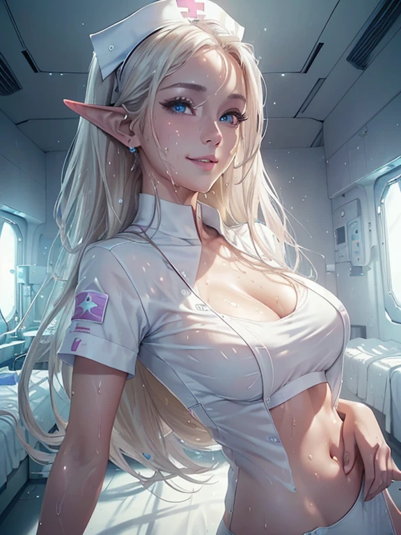 masterpiece, Highest quality, Highly detailed CG Unity 8k wallpaper,((One perfectly beautiful woman, whole body)), ((Bridge inside the spaceship)), (Long pointed ears), Elegant long wavy platinum blonde hair, ((Average chest, Self-illuminating skin)), ((White military uniform, White officer&#39;s cap)), (Sweaty and wet white skin), (blush), , (Captivating smile), A very beautiful, symmetrical face, Detailed eyes, Emerald green eyes, Key Art, Awards, intricate detail realism hdr, Photorealism, Hyperrealism, Ultra-realistic, Dramatic Light, Strong Shadows, Nice views, Depth of written boundary