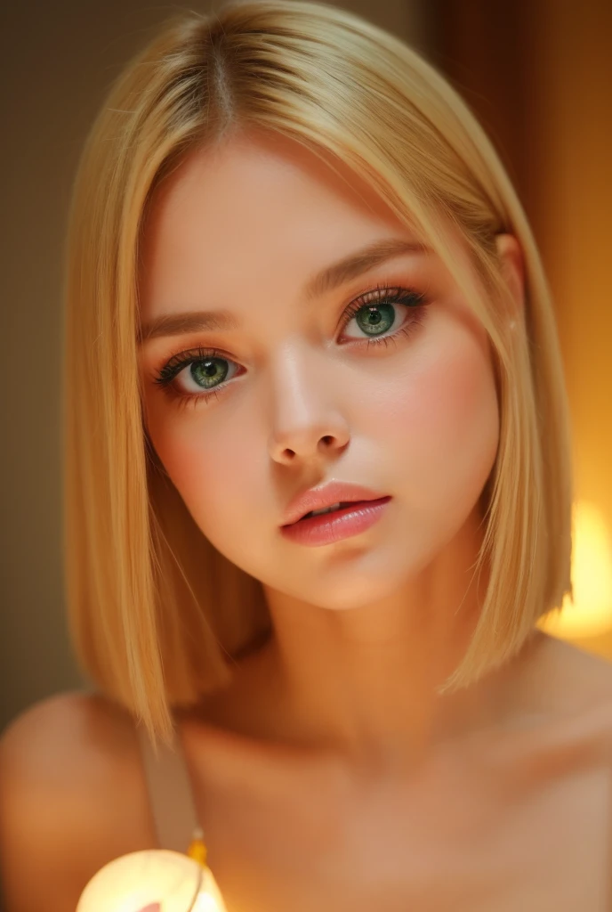 , face close-up ,15-year-old girl, (cute), (:1.6),Big Mouth , Thick lips,  moist lips  ,  Plump Lips, Plump Lips, Lips that shine with lip gloss, blond,  Very detailed, short bob hair, (masterpiece,  side lighting ,   Stylish eye makeup with attention to detail: 1.2) (Perfect oval, Big eyes that stare at the viewer ),Watery eyes,Beautifully detailed face, green, nice,  perfect eyes, (  attractive若い女性:1.3), ( attractive:1.1), (:1.1)、Interior lighting