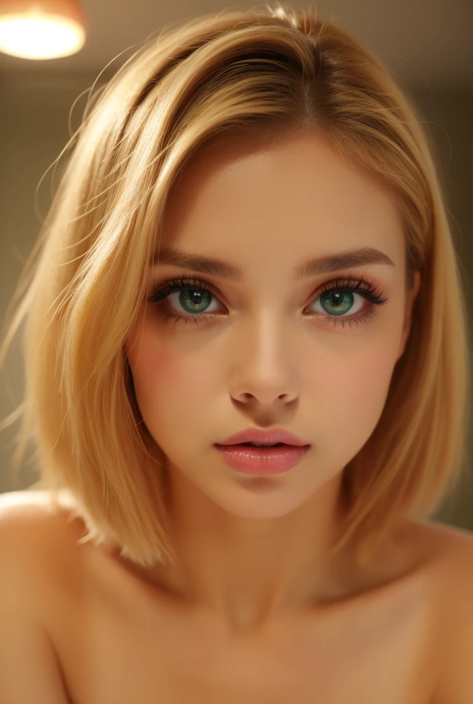 , face close-up ,15-year-old girl, (cute), (:1.6),Big Mouth , Thick lips,  moist lips  ,  Plump Lips, Plump Lips, Lips that shine with lip gloss, blond,  Very detailed, short bob hair, (masterpiece,  side lighting ,   Stylish eye makeup with attention to detail: 1.2) (Perfect oval, Big eyes that stare at the viewer ),Watery eyes,Beautifully detailed face, green, nice,  perfect eyes, (  attractive若い女性:1.3), ( attractive:1.1), (:1.1)、Interior lighting