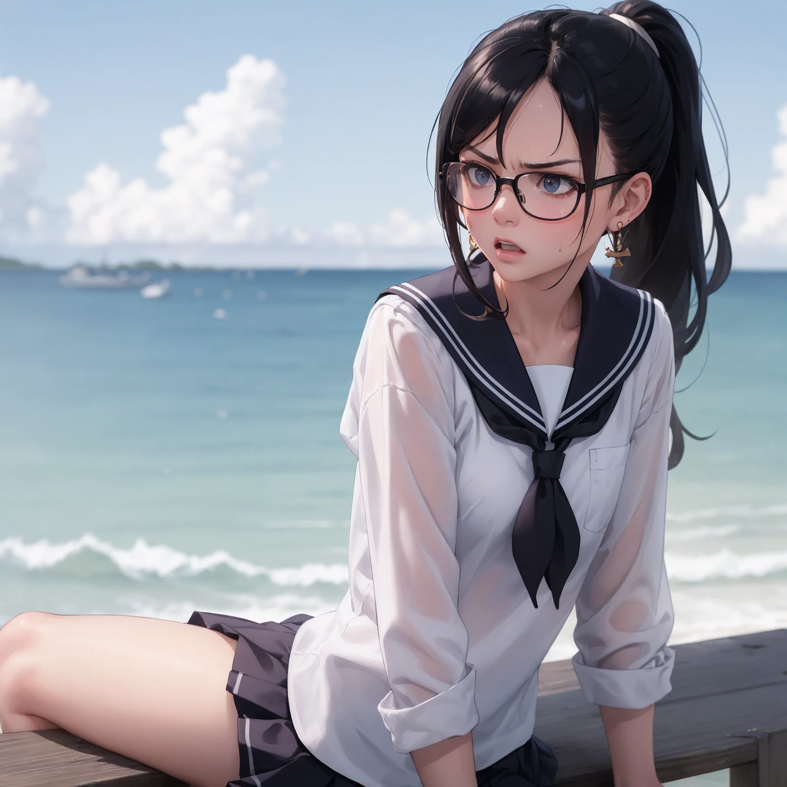 Masterpiece, top quality, earrings, , sailor uniform, black hair, small breasts, girl, upper body, hot, sweating, sitting, ponytail, looking at camera, sea, facing forward, angry, wearing glasses