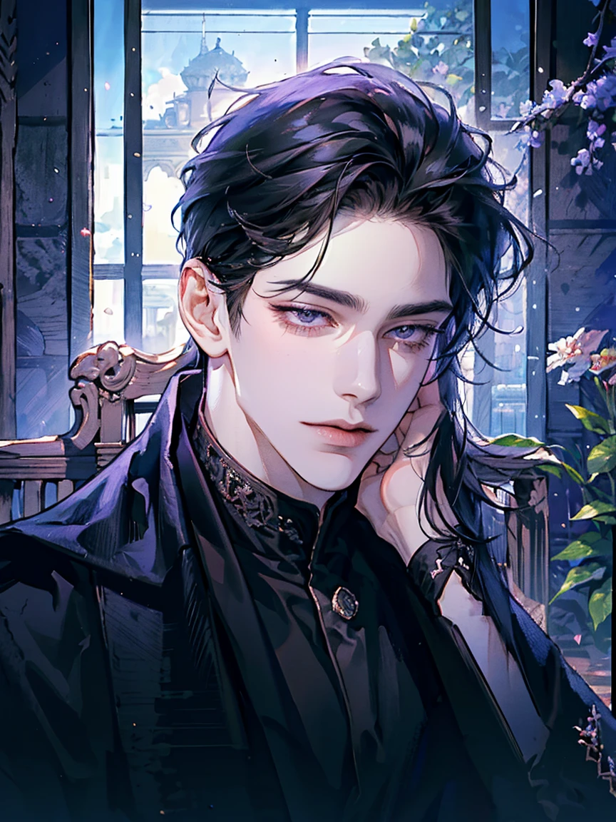 masterpiece,  best quality by the window,  detailed face,  realistic, 10,000, mature male,  handsome young man, Smiling, portrait, extremely  detailed face,  cold and sarcastic , (( dark purple eyes )), ((Black hair swept to the right , long hair flowing down the shoulders)), [ thick eyes black ], On the throne , (( Long Black Cloak )),  anatomically accurate , Highest resolution,  high resolution model, Perfect Hands, Emperor costume ,  white shirt, Royal, nobility, Looking for a strap , Warm colors, Sunshine, bright background