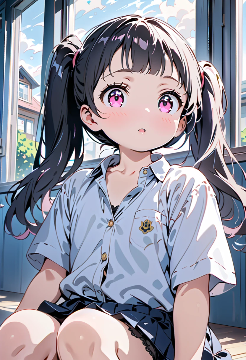 uhd, masterpiece, highres, high details, high quality、BREAK、1 girl、((cute))、cute、((Very detailed))、BREAK、Primary school students、Jitome、Close your mouth、Big eyes、(Pink eyes)、matte eyes、BREAK、Blunt bangs、Black Hair、twintails、very long hair、BREAK、school uniform、short sleeve shirt、pleated skirt、toplessBREAK、classroom、Beautiful view from the window, close-up panties,、Looking into the camera、(show of cute black panties:1.3)、BREAK、Sit on a desk、spread legs、knees up、lace legwear