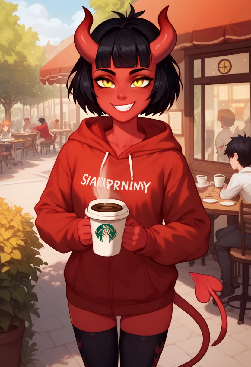 score_9_up, score_8_up, score_7_up, rating_safe, solo focus, cowboy shot, straight-on, facing viewer, Expressiveh, meruXL, short hair, black hair, blunt bangs, yellow eyes, red skin, freckles, horns, demon tail, small breasts, grin, red hoodie, text print, black thighhighs , outside, horizon, at a cafe, coffee, afternoon,