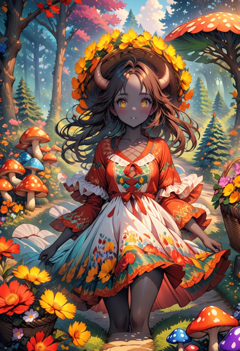 anime, beautiful, girl,  The Devil with Horns ,  cute little horns are twisted, Закручены,  Black skin color ,  The dress is a lot of puff ,  Curvy hair ,  Beautiful Big yellow eyes,  in hand a basket of flowers ,  ulybka,  Background Summer Forest Day , Mushrooms, path,  fir cones on the ground , little Christmas trees , beautiful colors, rich colors ,  lots of details,  Complex Details , bright colors,  best quality , 8 k, 