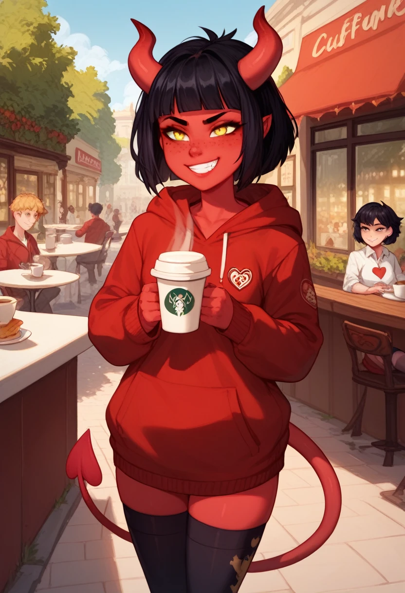 score_9_up, score_8_up, score_7_up, rating_safe, solo focus, cowboy shot, straight-on, facing viewer, Expressiveh, meruXL, short hair, black hair, blunt bangs, yellow eyes, red skin, freckles, horns, demon tail, small breasts, grin, red hoodie, text print, black thighhighs , outside, horizon, at a cafe, coffee, afternoon,